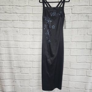 CDC Womens Black Satin Floral Beaded Strappy Sleeveless Cocktail Dress Size 10